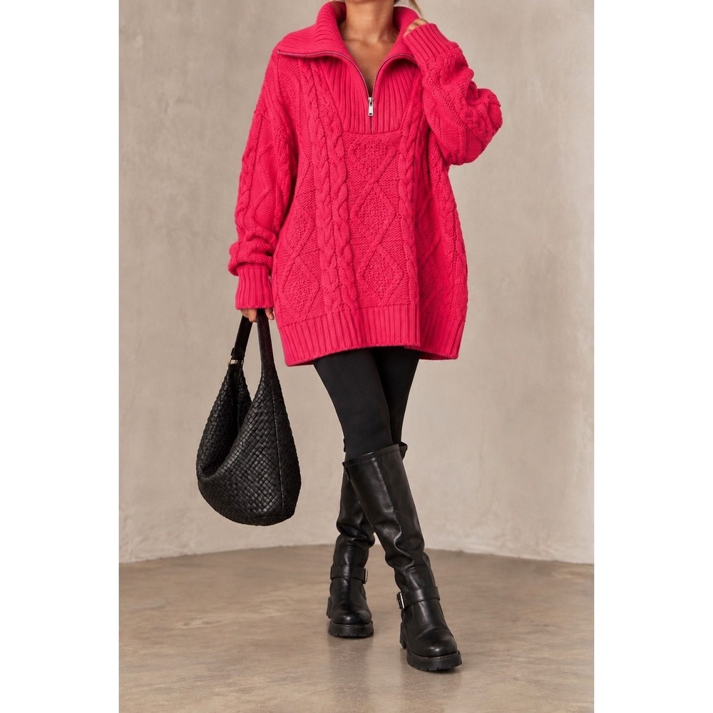 M 173 Free People Vacay Pink Cable Knit Oversized Half Zip Tunic Sweater NWT M